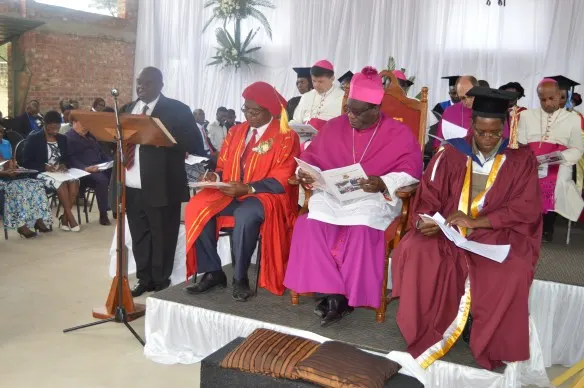 The Catholic University Chancellor, Archbishop Robert Ndlovu flanked by University Vice Chancellor,  Professor Ranga Zinyemba and Br. Mada..JPG