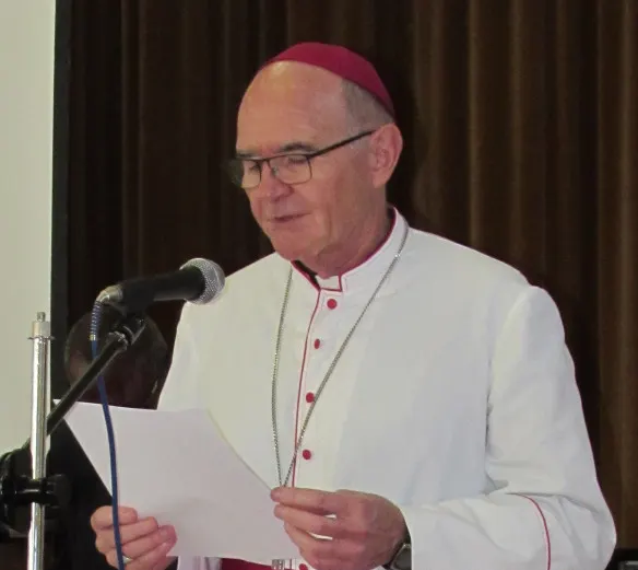 Archbishop Stephen Brislin of Cape Town makes a presentation to Catholic journalists gathered at Schoenstatt Conference Center in South Africa.