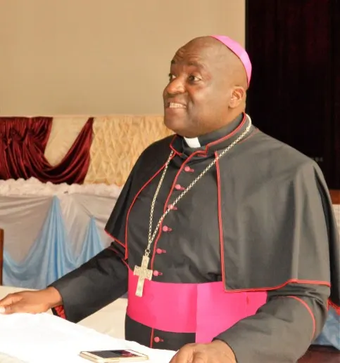 Bishop Raymond Mupandasekwa delivers a speech to religious men and women gathered at Regina Mundi High School in Gweru.