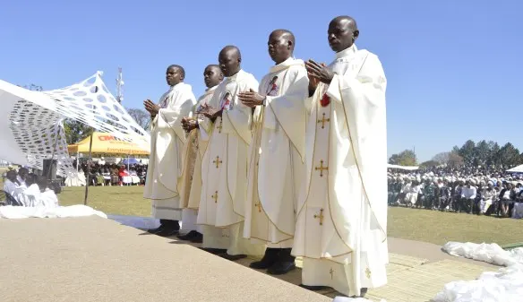Frs. Kudakwashe Chidhe, Aaron Mpofu, Augustine Manhovo, Tembo Zhuva and Stephen Mangoma present themselves to the public after ordination.
